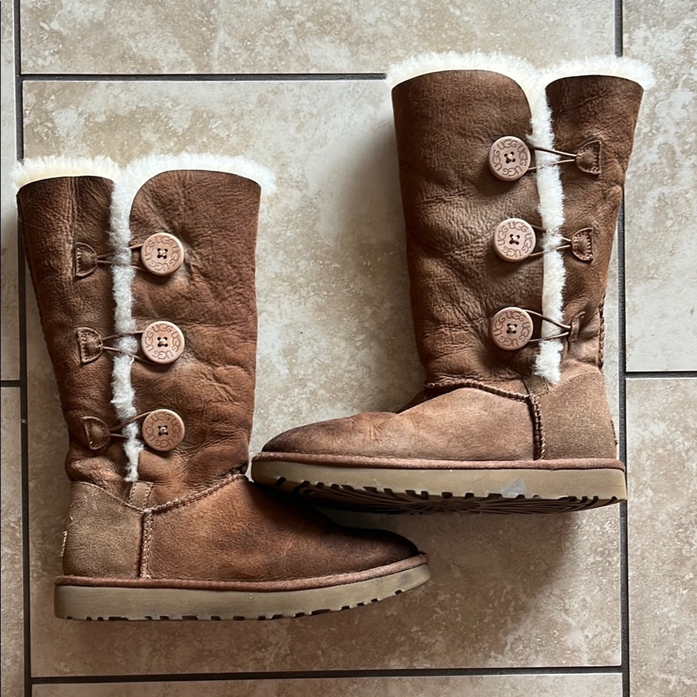 UGG Tan Shearling Boots with Button Accent